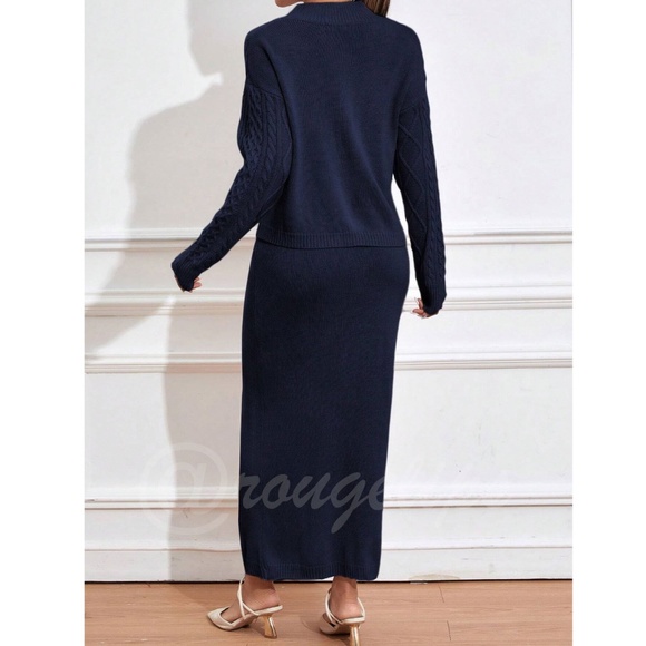 2 Piece Knit Skirt Set Navy Blue Long Skirt & Cable Knit Sweater - Picture 7 of 8